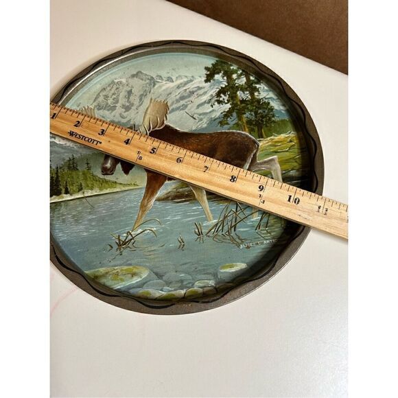 James L Artig “Moose” Aluminum Tin Tray Vintage 1960s Lithograph 11” Diameter - Picture 6 of 7